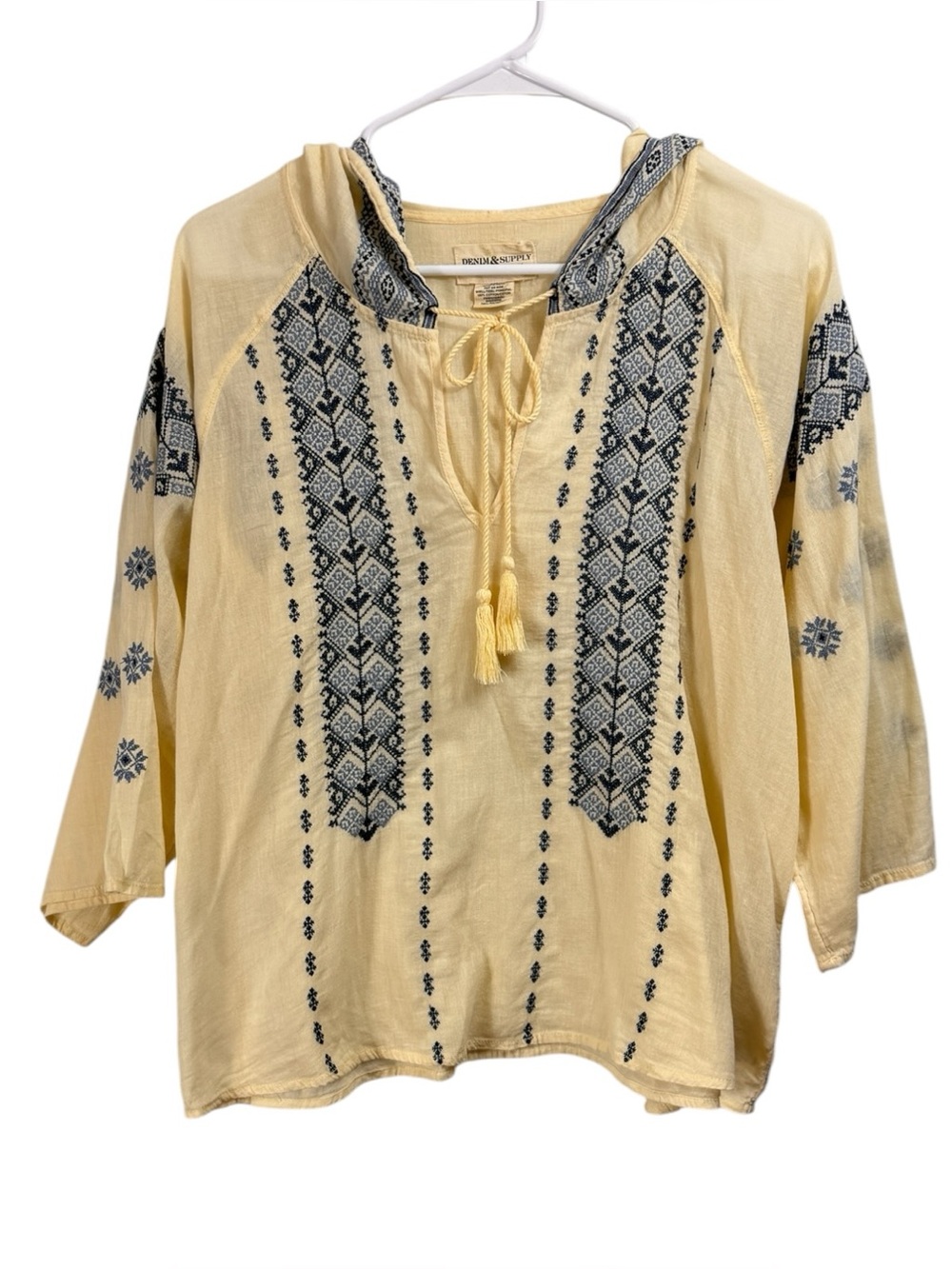 Denim & Supply Ralph Lauren Size Large Embroidered Ivory Boho Tassel Hooded Top